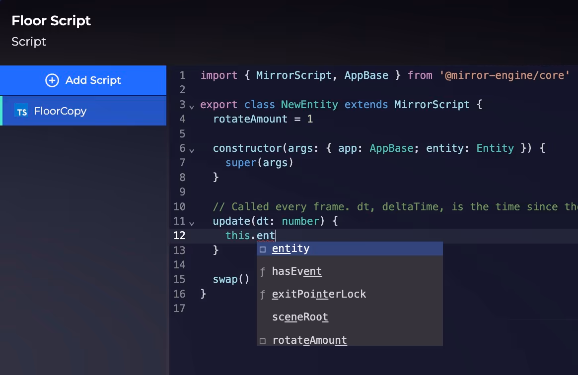 Intellisense in Mirror Engine